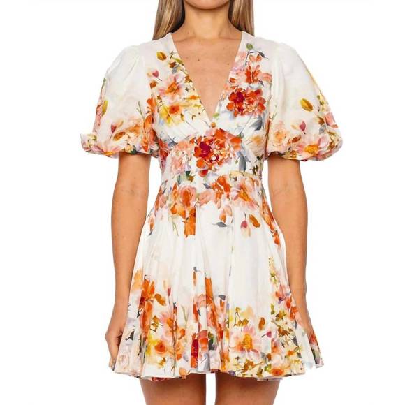 NEW HEMANT & NANDITA saba puff sleeve mini dress in ivory floral